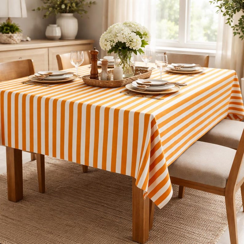 May include: A dining table with an orange and white striped tablecloth. The table is set with plates, glasses, and a floral centerpiece. The wooden table has a natural finish. The tablecloth has vertical stripes.
