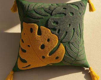Punch Embroidered Monstera Pillow Cover Green with Mustard & Sage Leaves, Handmade Textured Cushion, Washable Tassel 45x45 Decor