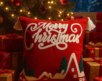ハンドタフテッドクリスマス枕カバー、刺繍入りクリスマスツリー