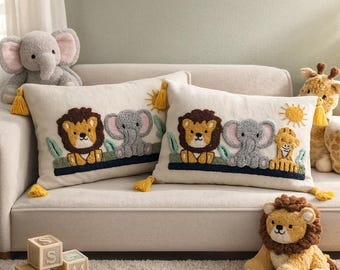 Punch Needle Animal Pillow Cover for Kids Room, Linen Fabric, Elephant Lion Giraffe Design, Nursery Decor, Kids Gift