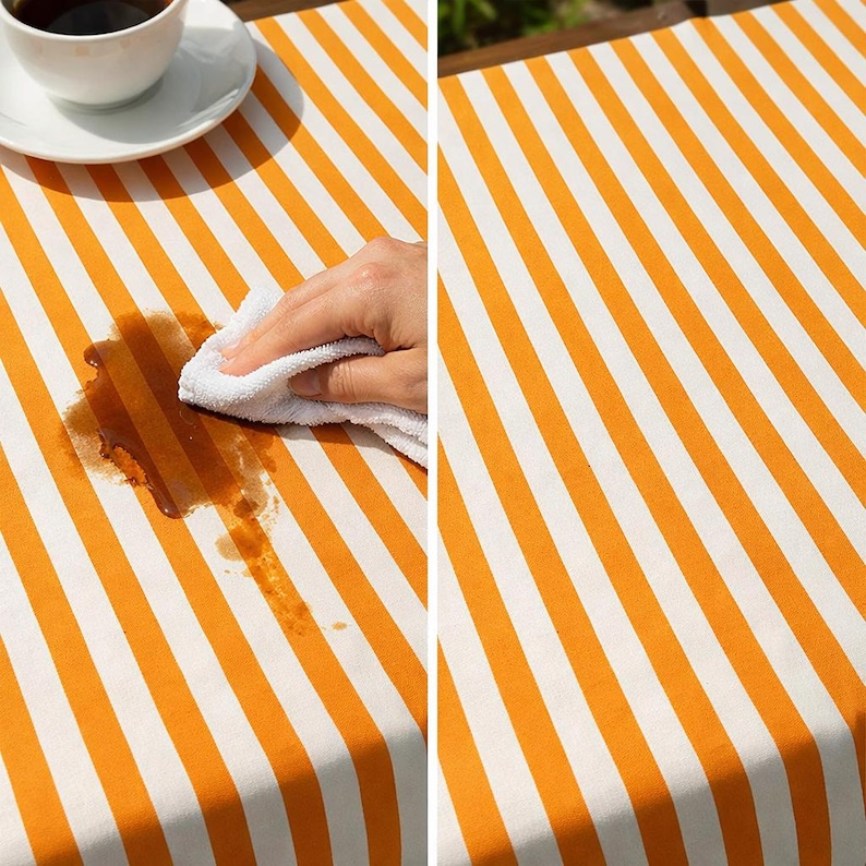 May include: A table with an orange and white striped pattern. A hand is wiping up a coffee spill with a white cloth. The table is made of a stain-resistant material. The table is suitable for outdoor use.