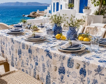 Coastal Tablecloth Waterproof Cotton Linen Table Cover, Nautical Beach House Decor, Blue Ocean Dining Tablecloth