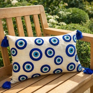 Evil Eye Pillow Cover 35x50 Lumbar Linen Cushion Blue Nazar Throw Pillow Coastal Boho Decor Protection Symbol Gift Idea