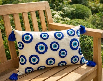 Evil Eye Pillow Cover 35x50 Lumbar Linen Cushion Blue Nazar Throw Pillow Coastal Boho Decor Protection Symbol Gift Idea