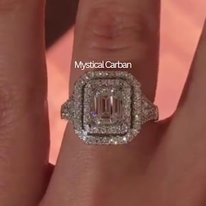 1.50 CT Emerald Cut Moissanite Engagement Ring, Emerald double Halo Pave Prong Wedding Ring For Bridal, Anniversary Gift Set For Women.