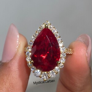 Vintage Graduated Halo Engagement Ring for Women, 12.70CT Pear Cut Ruby, Round Cut Half Pave Set Ring Gift For Fiance, Statement Ruby Ring