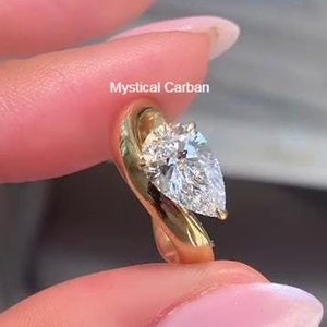 Pear Cut 3.00Ct East To West Style Moissanite Engagement Ring,Classic Chunky Curved Solid Yellow Gold Band,Pear Cut Anniversary Ring For Her