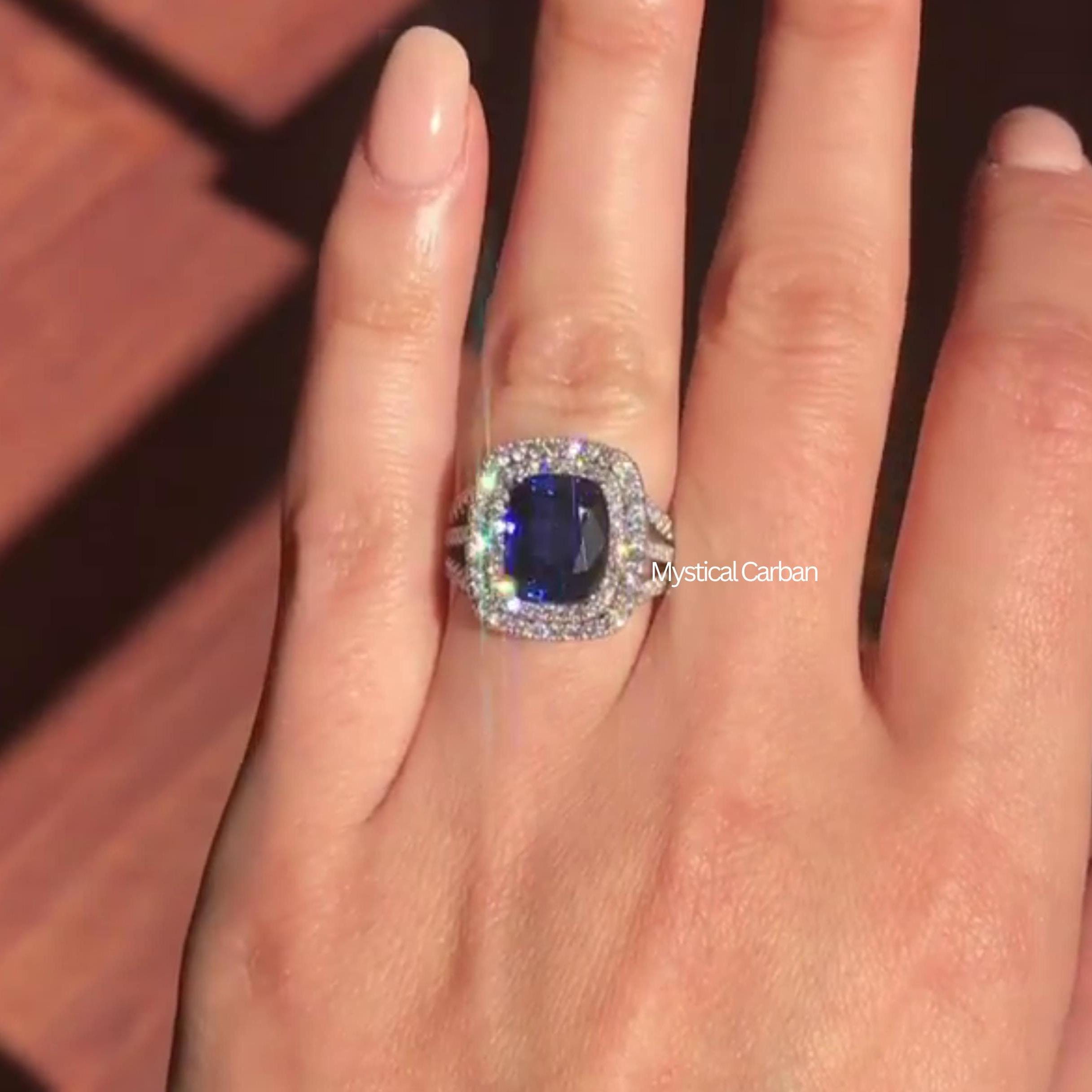 3.00CT Blue Cushion Cut Moissanite Engagement Ring, Double Halo Pave Wedding Ring Full Eternity Split Shank Band, Blue Moissanite Stone Ring