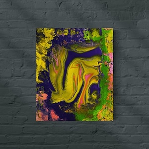May include: Abstract painting with swirling yellow, green, and purple paint. The colors are vibrant and create a dynamic composition.