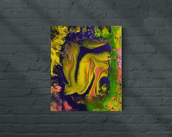 May include: Abstract painting with swirling yellow, green, and purple paint. The colors are vibrant and create a dynamic composition.