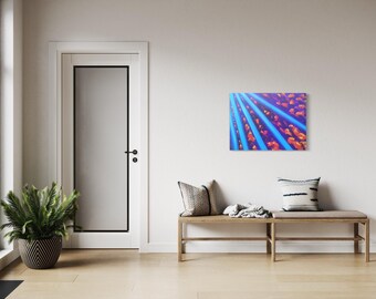 Abstract Acrylic Painting: Blue Rays, Fiery Orange Embers, 24x36 Canvas