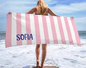 Personalized Striped Beach Towel: Custom Name Vacation Gift