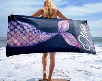 Personalized Mermaid Beach Towel: Custom Name, Kids Bath Towel