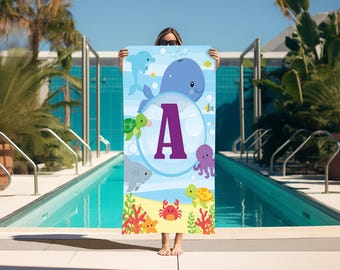 Personalized Kids Beach Towel, Ocean Print Custom Bath Towel.