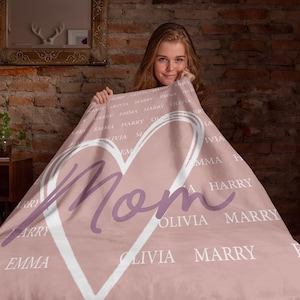 Może przedstawiać: R&oacute;żowy koc polarowy z białym sercem i napisem "Mama" w fioletowym kolorze. Serce jest otoczone imionami w białym kolorze.
