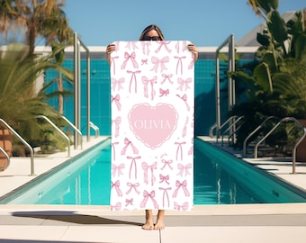 Personalized Pink Bow Beach Towel, Custom Coquette Gift
