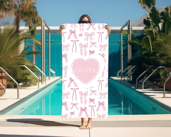 Pink Coquette Bows Personalized Beach Towel For Girls, Custom beach towel, Birthday gift, Vintage gift