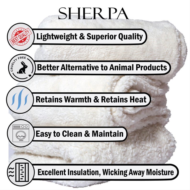 Może przedstawiać: Biały koc z tkaniny sherpa z tekstem: "SHERPA", "Lekki i wysokiej jakości", "Lepsza alternatywa dla produkt&oacute;w pochodzenia zwierzęcego", "Utrzymuje ciepło i zatrzymuje ciepło", "Łatwy w czyszczeniu i konserwacji" oraz "Doskonała izolacja, odprowadzanie wilgoci".
