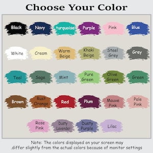 May include: A color chart with 25 different color swatches. The colors include black, navy, turquoise, purple, pink, blue, white, cream, warm beige, khaki beige, steel grey, grey, teal, sage, mint, pure green, olive green, green, brown, rust orange, red, plum, mauve pink, pale pink, rose pink, dusty lavender, dusty purple, and lilac.