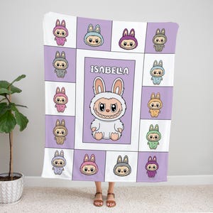 Personalized Blanket With Labubu, custom kids blanket, Cozy Throw for Nursery Gift, Pink Color Kids Blanket For Girls,Christmas Family Gift