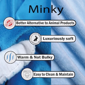 Może przedstawiać: Niebieski materiał minky z napisem "Minky" w kolorze białym. Tekst "Better Alternative to Animal Products" r&oacute;wnież jest biały. Są cztery ikony z tekstem: "Best Quality", "Cruelty Free", "Luxuriously soft", "Warm & Not Bulky" i "Easy to Clean & Maintain".