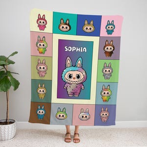 Personalized Blanket With Labubu, custom kids blanket, Cozy Throw for Nursery Gift, Pink Color Kids Blanket For Girls,Christmas Family Gift