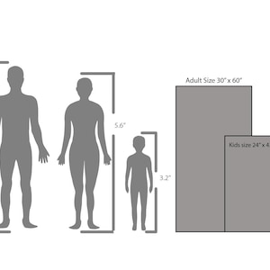 May include: Diagram showing the size of two yoga mats, one for adults measuring 30 inches by 60 inches and one for kids measuring 24 inches by 42 inches. The mats are shown next to silhouettes of people of different heights.