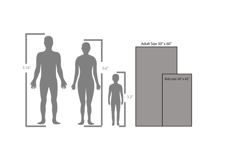 May include: Diagram showing the size of two yoga mats, one for adults measuring 30 inches by 60 inches and one for kids measuring 24 inches by 42 inches. The mats are shown next to silhouettes of people of different heights.