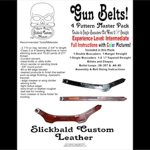May include: A promotional image for Slickbald Custom Leather, featuring a skull logo and text detailing a 4-pattern master pack for gun belts. The pack includes instructions and various belt components.