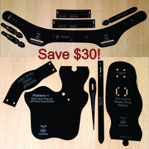 May include: Black leathercraft patterns and templates, including a main body pattern, strap options, and various smaller pieces. The text "Save $30!" is displayed in red. The patterns are arranged on a wooden surface.