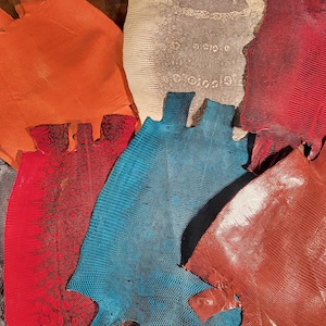 May include: A collection of colorful reptile skins in shades of blue, orange, red, teal, brown, and gray. The skins have a textured, scaly appearance, and are arranged on a wooden surface. These skins are suitable for crafting.