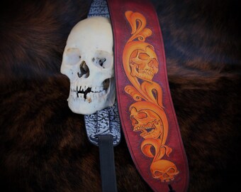 Hand-Carved Skulls and Vines Hermann Oak Leather Guitar Strap with Original Design – Limited Edition Premium Gift by Slickbald Customs