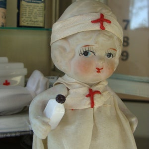 Antique Nurse Occupied Japan Bisque Doll with her First Aid Clothes and Medical Bottle Too Cute N04