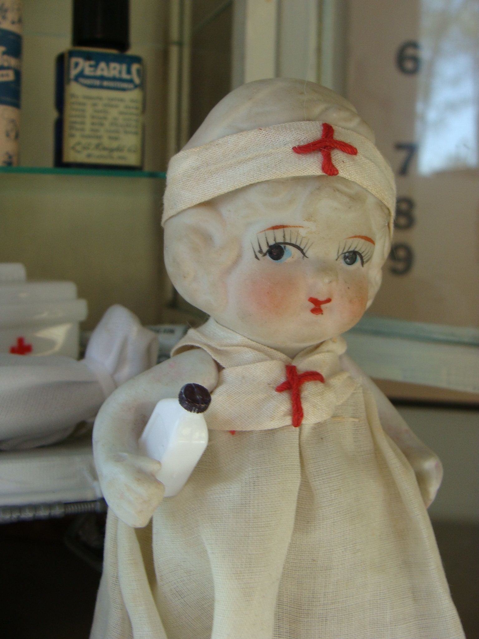 Vintage Wooden dolls, Poland, jointed, 7” tall, Nurse
