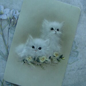 Op de afbeelding: Een vintage kaart met een schilderij van twee witte kittens met zachte vacht, zittend tussen witte en gele bloemen. De kittens hebben grote blauwe ogen en kijken naar de kijker.