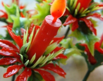 Vintage Kitsch Christmas Plastic Candle Picks with Poinsettias and Holly