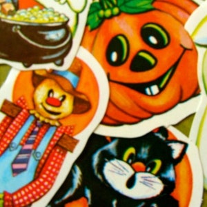 May include: A collection of vintage Halloween-themed stickers. The stickers feature a smiling jack-o'-lantern, a friendly ghost, a black cat, a scarecrow, and a pot of gold. The stickers are colorful and have a retro style.