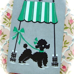 May include: A black and white illustration of a poodle on a leash walking under a green and white striped awning. The awning is supported by two black posts with white finials. A small black bird is perched on top of the awning.