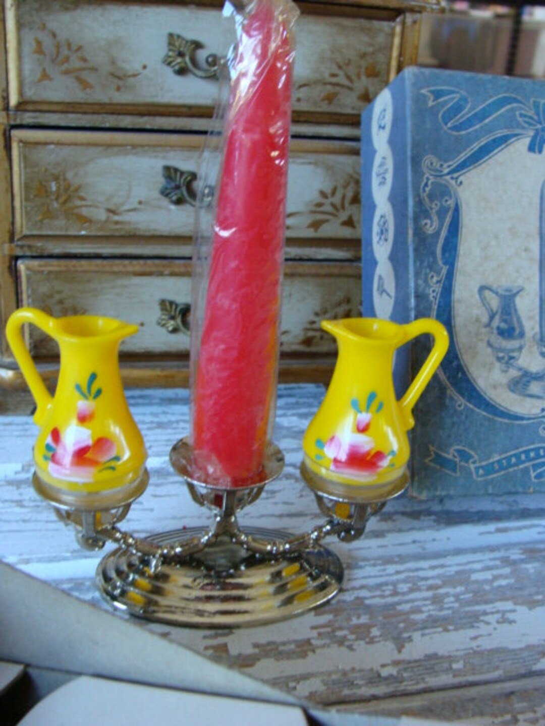 Rare 1940s Celluloid and Metal Vintage Unused Candelabra Salt and