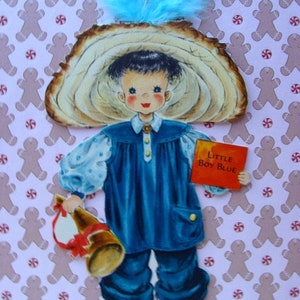 Antique Cia 1940s Adorable Original Die cut Card or Kitsch Little Boy Blue with Beautiful Feather