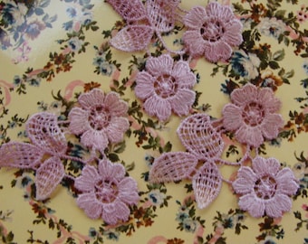 3 X Antique Lace Appliques Embroidered Lace Bridal Inserts Ombre Rose 3pcs