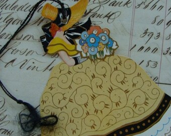 Antique Stunning Tally Card with bouquet of flowers and Big Bonnet