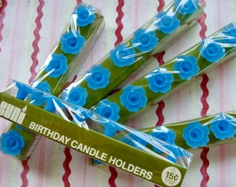 One Vintage Kitsch Sweet New/Old stock Pretty Blue  Birthday Cake Candle Holders New in 15 cent Package