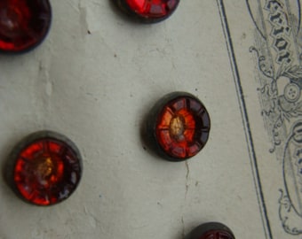 One Antique Rare Tattered Button Card Dozen Gorgeous Ruby Colored Czech Buttons on Original Card Great for Blythe or any Doll buttons