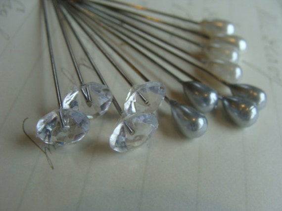 One Dozen Wedding Corsage White Decor Silver Crystal Stick Pins Hair Pins  Sewing Quilters Straight Pins 