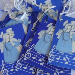 6 Blue Antique Vintage Christmas Place Cards Tallies Angels with Music Notes Lot Christmas Ephemera