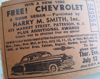 Rare Antique 1950s Chevy Two part Ticket