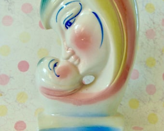 Rare Unique and Gorgeous Hand painted Antique Art Deco Mother Mary and Child Wall Pocket