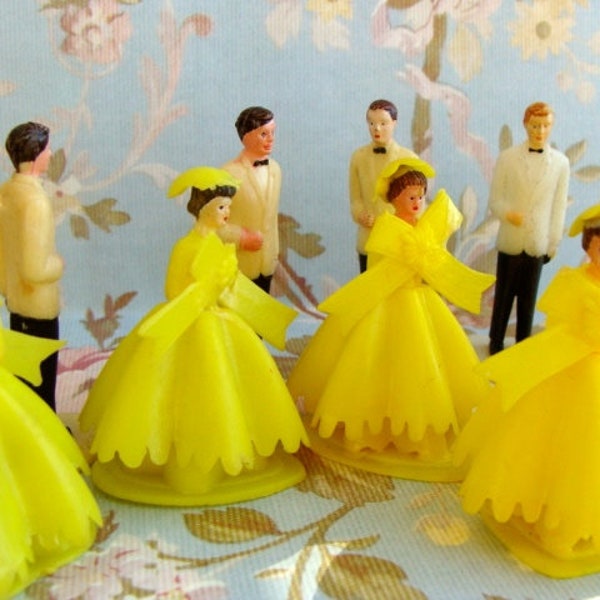 1950s Vintage Yellow Kitsch Antique Wedding Wilton Cake Toppers Celluloid Vintage Bride Bridal Party or Vintage Prom