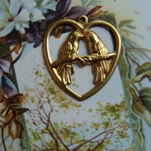 Vintage Teeny Tiny Heart Stamping Jewelry Supplies Heart Pendant with Love Birds five eights of an Inch Great for Doll Pendants